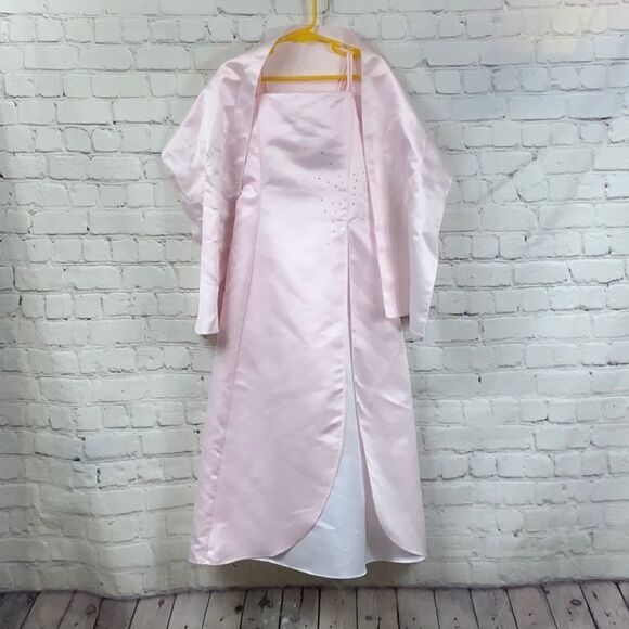 Pink Satin Formal Flower Girl Dress Rhinestone Lace Up Party 2pc Shawl Wedding - Picture 11 of 11